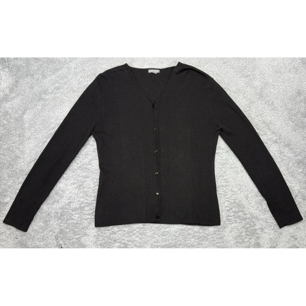 LOULOU Womens M Black Cardigan Sweater V Neck Ribbed Button Front Cotton Rayon